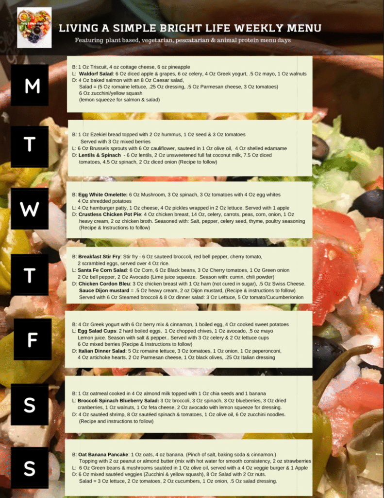 Simple Bright Life Weekly recipe guide with breakfast smoothies, midday salads, and protein-rich dinners as part of an anti-inflammatory plan.