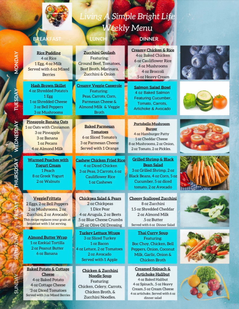 Simple Bright Life Weekly recipe guide with breakfast smoothies, midday salads, and protein-rich dinners as part of an anti-inflammatory plan.