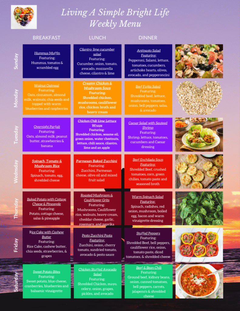 Simple Bright Life Weekly recipe guide with breakfast smoothies, midday salads, and protein-rich dinners as part of an anti-inflammatory plan.
