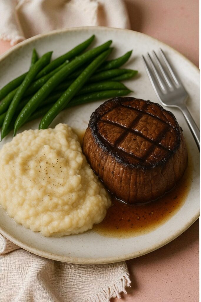 A plate with a grilled filet, mashed potatoes, and green beans, a balanced meal from a wellness coaching plan.