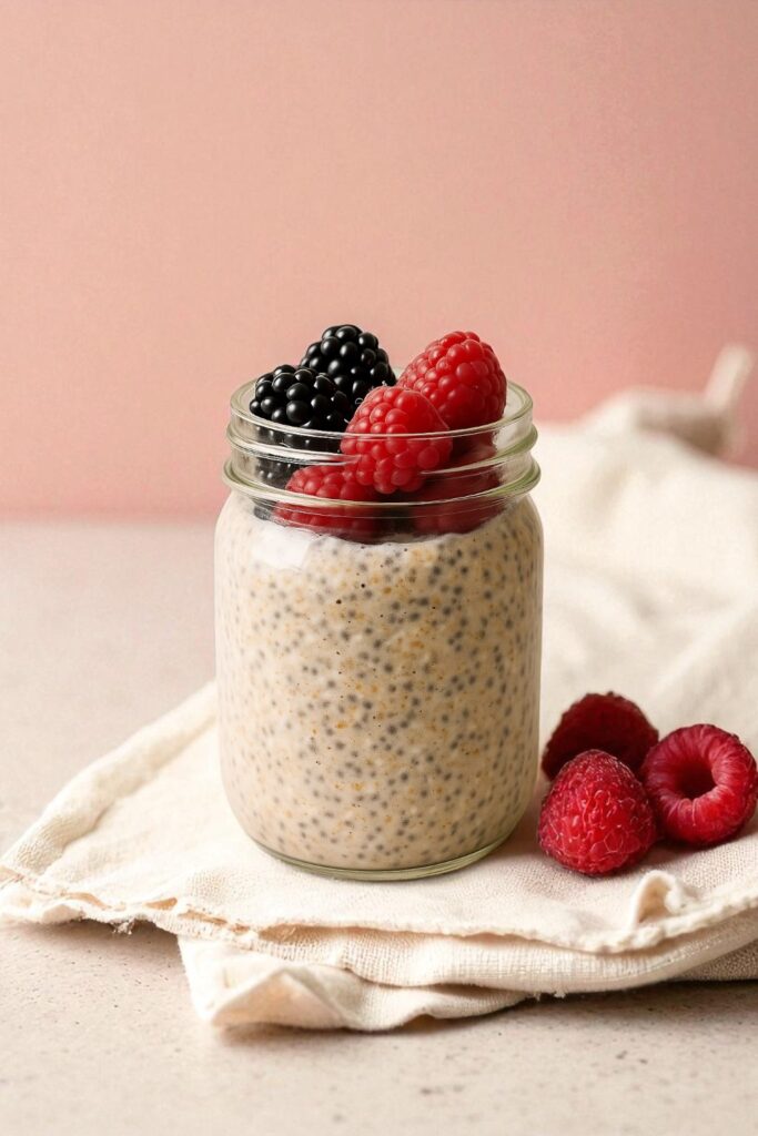 A jar of chia seed pudding with fresh berries, a healthy and easy-to-make breakfast or snack from a nutritional coaching plan.