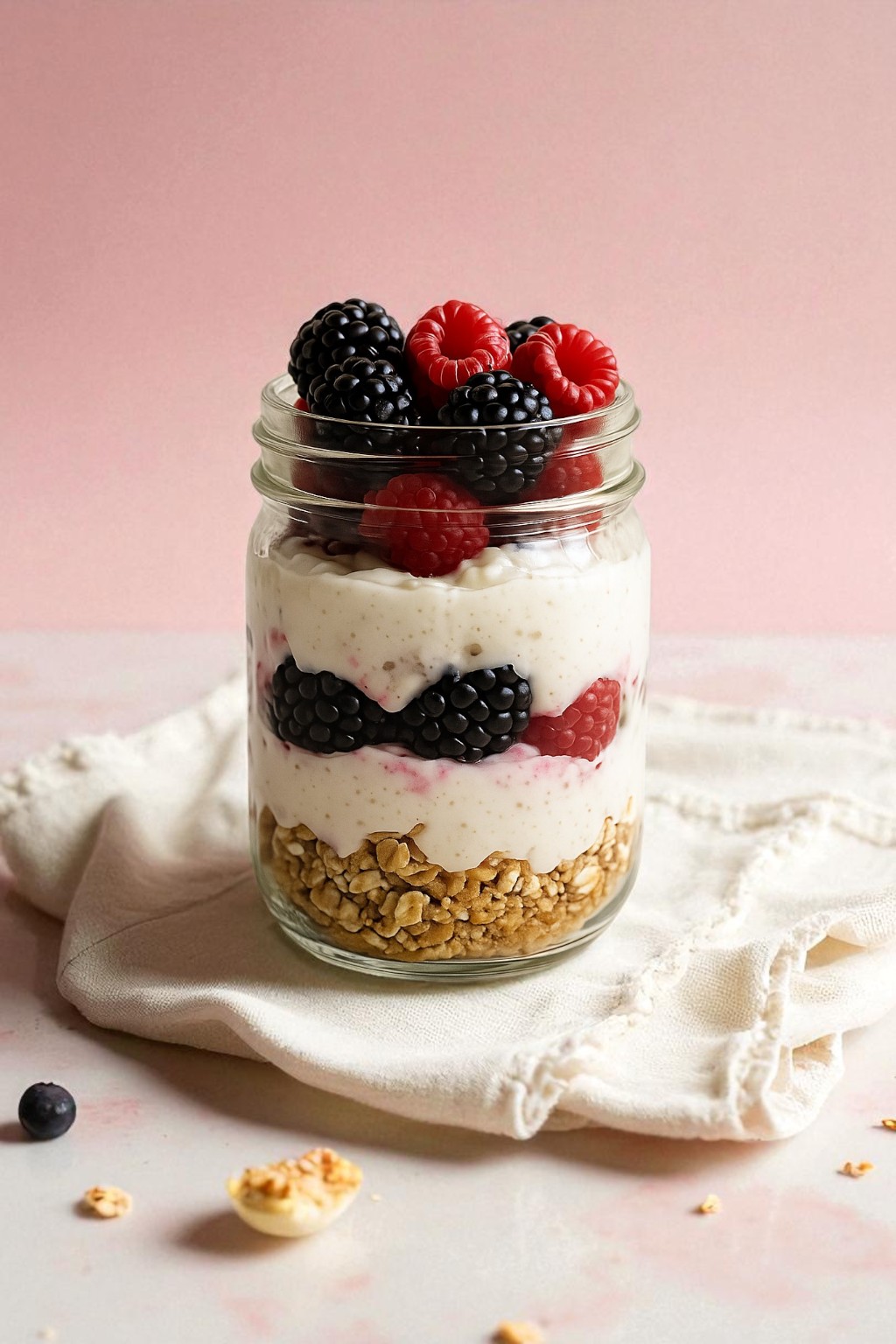 A glass jar with yogurt, berries, and granola, a nutritious breakfast or snack from a nutritional coaching plan.
