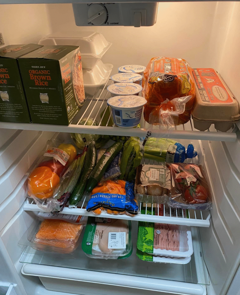 A refrigerator filled with neatly organized meal prep containers, representing sustainable health habits and nutritional coaching.