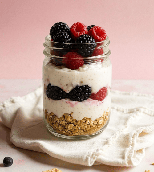 A glass jar of blackberry and raspberry parfait with layers of yogurt and granola, a healthy breakfast or snack from a nutritional coach.